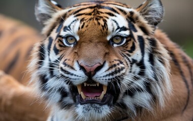 Naklejka premium A close-up of an angry tiger face