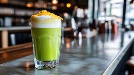 Refreshing, vibrant green matcha latte with creamy froth and a sprinkle of yellow zest.  A visually appealing drink served in a glass
