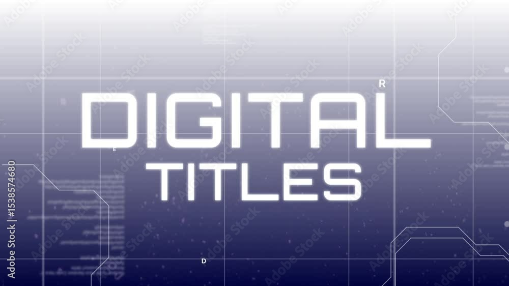 Poster animating text displaying digital titles over grid, with floating letters, charts and circuit lines