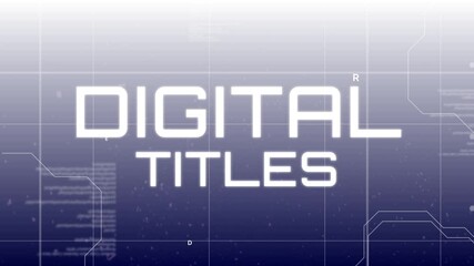 Animating text displaying DIGITAL TITLES over grid, with floating letters, charts and circuit lines