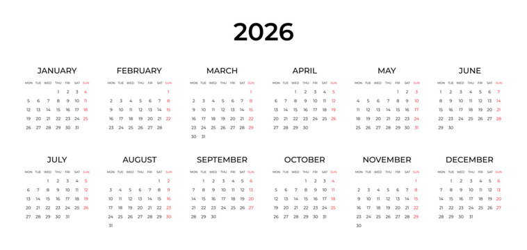 Calendar 2026 year. Week starts on Monday. Calendar template for 2026 in classic strict style. Wall, table calendar. Restrained business design for notebook and planner. Vector illustration isolated