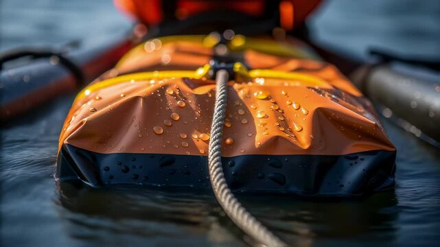 Orange inflatable rescue device floating on water surface