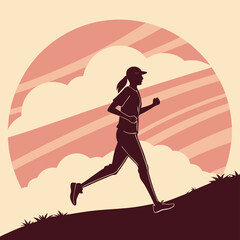 Silhouette of a woman running uphill against a backdrop of clouds and a sunburst design element