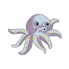 A hand-drawn illustration of an octopus. The octopus has a round, bluish-purple head with two large expressive eyes that give it a curious and slightly suprised look. 