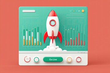 3D illustration of digital launch dashboard with rocket and data charts on red background