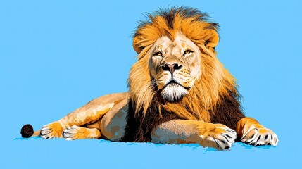 Obraz premium Pixel Art Majestic Male Lion Resting on Light Blue Background