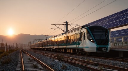 Obraz premium Modern Train on the Rails: A sleek, modern train speeds along tracks at sunrise, reflecting the promise of the journey ahead. Against the backdrop of a picturesque dawn.