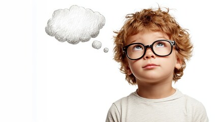 Contemplative child wearing glasses, staring upward with imaginary thought bubble, dreaming of potential ideas against minimalist white backdrop