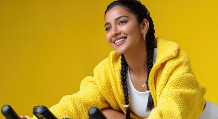 Smiling Indian woman on an exercise bike, yellow background