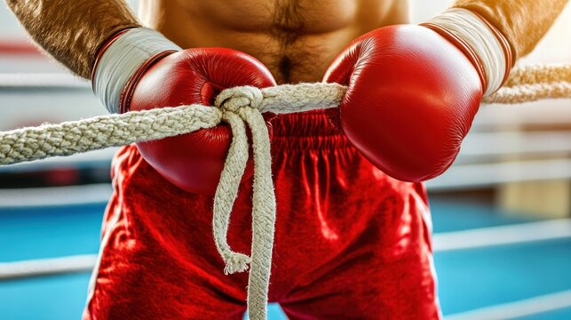 Boxer adjusting the ropes in the ring.  Close-up view of a male boxer's hands in red boxing gloves, holding and tying the ropes
