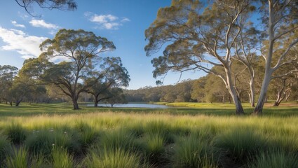 Scenic wilderness scene near a tranquil lake in a suburban park setting
