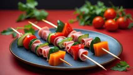 Grilled ham and veggie skewer starter