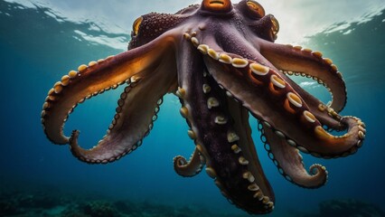 Low-angle view of a Common Octopus swimming in deep blue ocean water