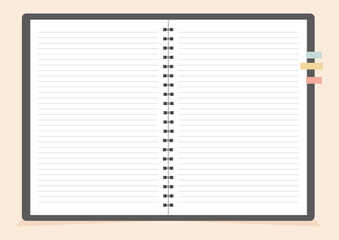 Blank open book, diary, Vector flat illustration of empty book and notebook pages.
