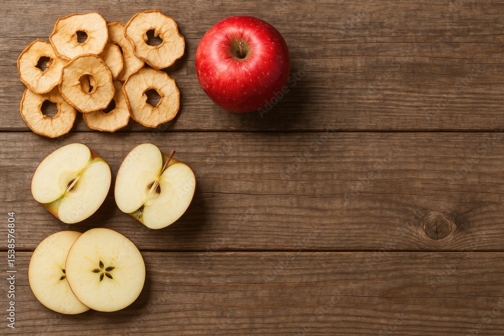 Poster Crunchy Apple Snacks and Slices Displayed on a Rustic Wooden Surface with Empty Space for Text