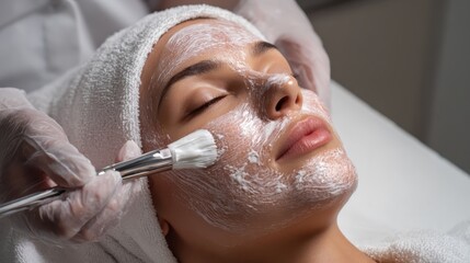 Skincare professional applying white facial cream with brush, working on client relaxing on massage table during beauty treatment at spa