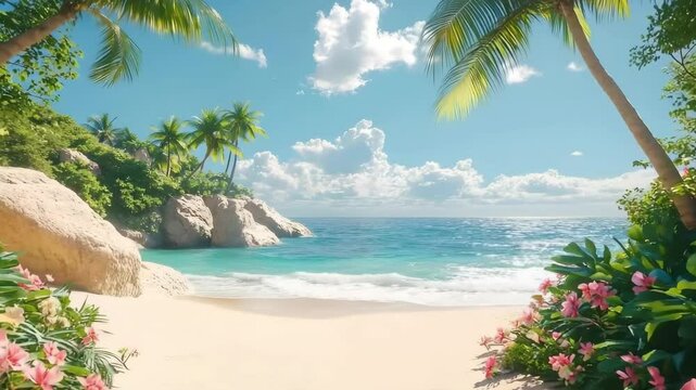 A tranquil beach with swaying palm trees and vibrant tropical flowers
