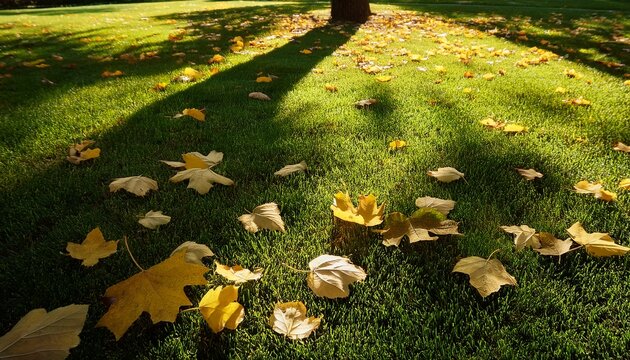 fallen yellow leaves on trimmed green grass with beautiful tree shadows background photo late summer early autumn