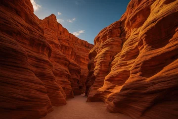 Gordijnen Stunning desert landscape featuring vibrant sandstone cliffs and a scenic hiking trail through a red canyon © AkuAku