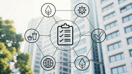 Biohazard waste medical concept illustrated with checklist and eco icons over modern building