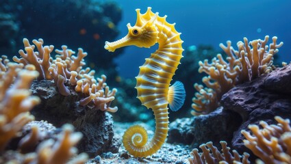Bright yellow female seahorse resting on the seabed - underwater photography