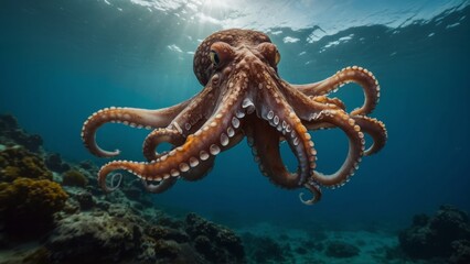Underwater View of an Octopus Swimming Above Coral Reef with Sunlight