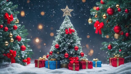 Festive holiday scene with snowy pine ornaments