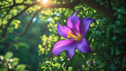 Vivid purple blossom nestled among lush green foliage of a tree