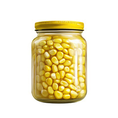 Glass jar filled with bright yellow corn kernels, perfect for cooking, salads, or snacking, set against a clean white background. on transparent background