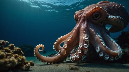 Underwater view of an octopus resting on the seafloor near a coral reef