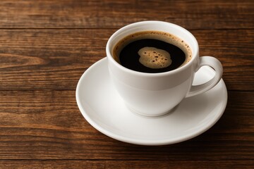 Obraz premium Dark brewed coffee served on a rustic wooden surface