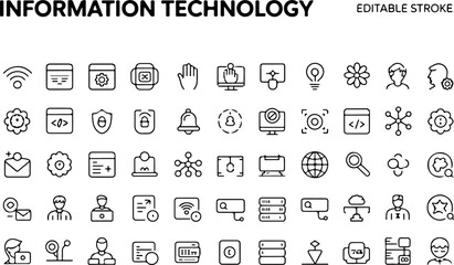 Collection of Black Linear Icons Representing Information Technology Concepts Editable Stroke