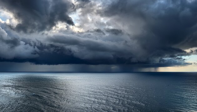 dramatic grey and black storm clouds rolling in sky over horizon and ocean