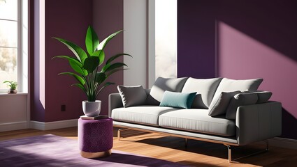 Living Room Interior with Stylish Sofa, Houseplant, and Purple Accent Wall in Natural Light