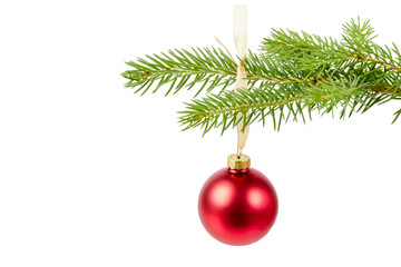 red christmas ball hanging on fir tree branch isolated on white or transparent png