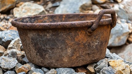 Fototapeta premium Rusty metal basin amongst rocks
