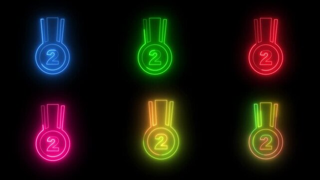 neon second place medal icon set, glowing runner-up award badge animation bundle for games and achievements