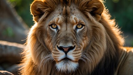 Fototapeta premium A breathtaking macro shot of a regal lion with a serene expression and flowing mane, showcasing its piercing amber eyes filled with calmness and intelligence