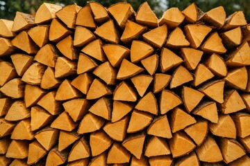 Outdoor arrangement of chopped firewood prepared for winter