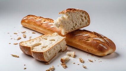 A freshly baked French baguette sliced in half against a plain white backdrop