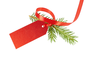 blank red glitter christmas gift tag with ribbon band and fir tree branch isolated on white or transparent png