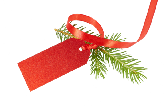 blank red glitter christmas gift tag with ribbon band and fir tree branch isolated on white or transparent png