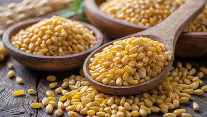 Fototapeta premium Healthy Vegetarian Food: Close-Up of Buckwheat Grains with Wooden Kitchen Tools on Organic Background
