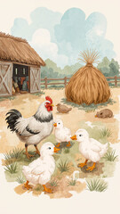 Chicken and ducklings in rural paddock and haystack