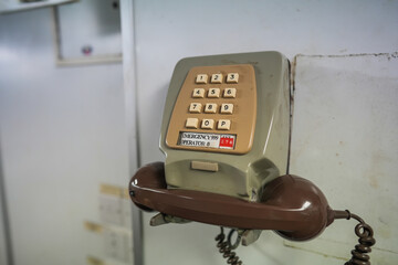 Close up shot of a vintage retro push button telephone.