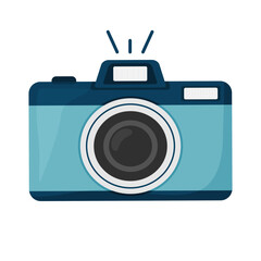 Retro blue camera with flash icon on white background in flat style.