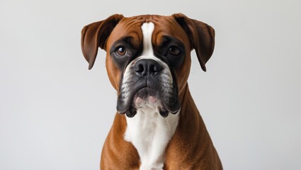 A Boxer breed dog posed against a plain white backdrop