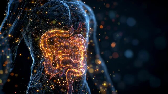 Medical visualization displaying glowing human intestines recovering after antibiotic treatment, highlighting the importance of gut microbiome health