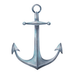 Vintage classic anchor. Ship navigation equipment. Watercolor and marker illustration. Hand drawn isolated art. Metal object suitable for marine theme, navigation, travel