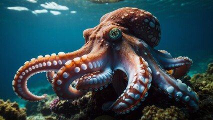 Underwater View of an Octopus with Tentacles Curled Around a Coral Reef